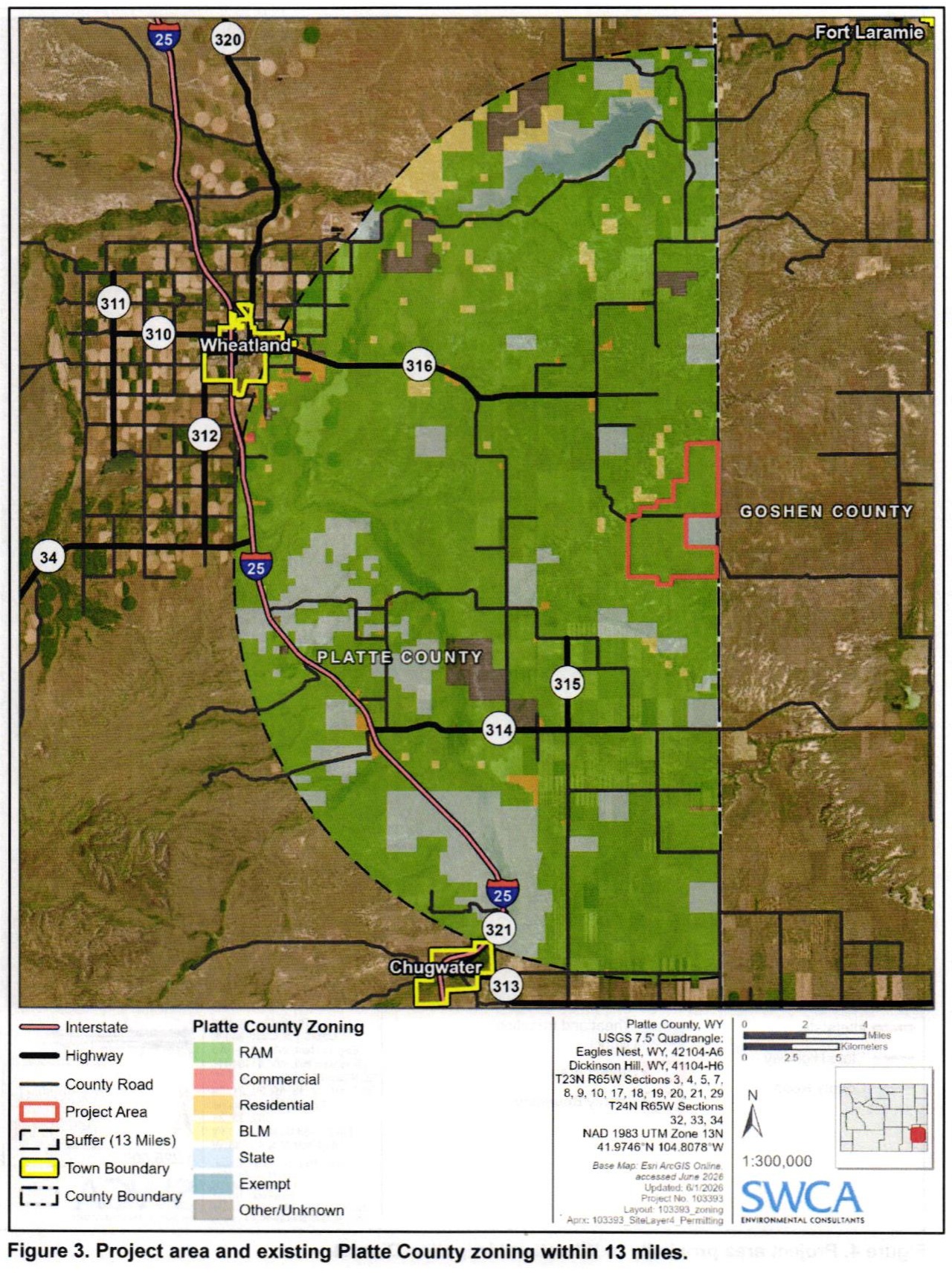 Figure 3: applicant’s regional project-area map, with Wheatland, Chugwater, roads, zoning legend and a 13-mile context buffer.