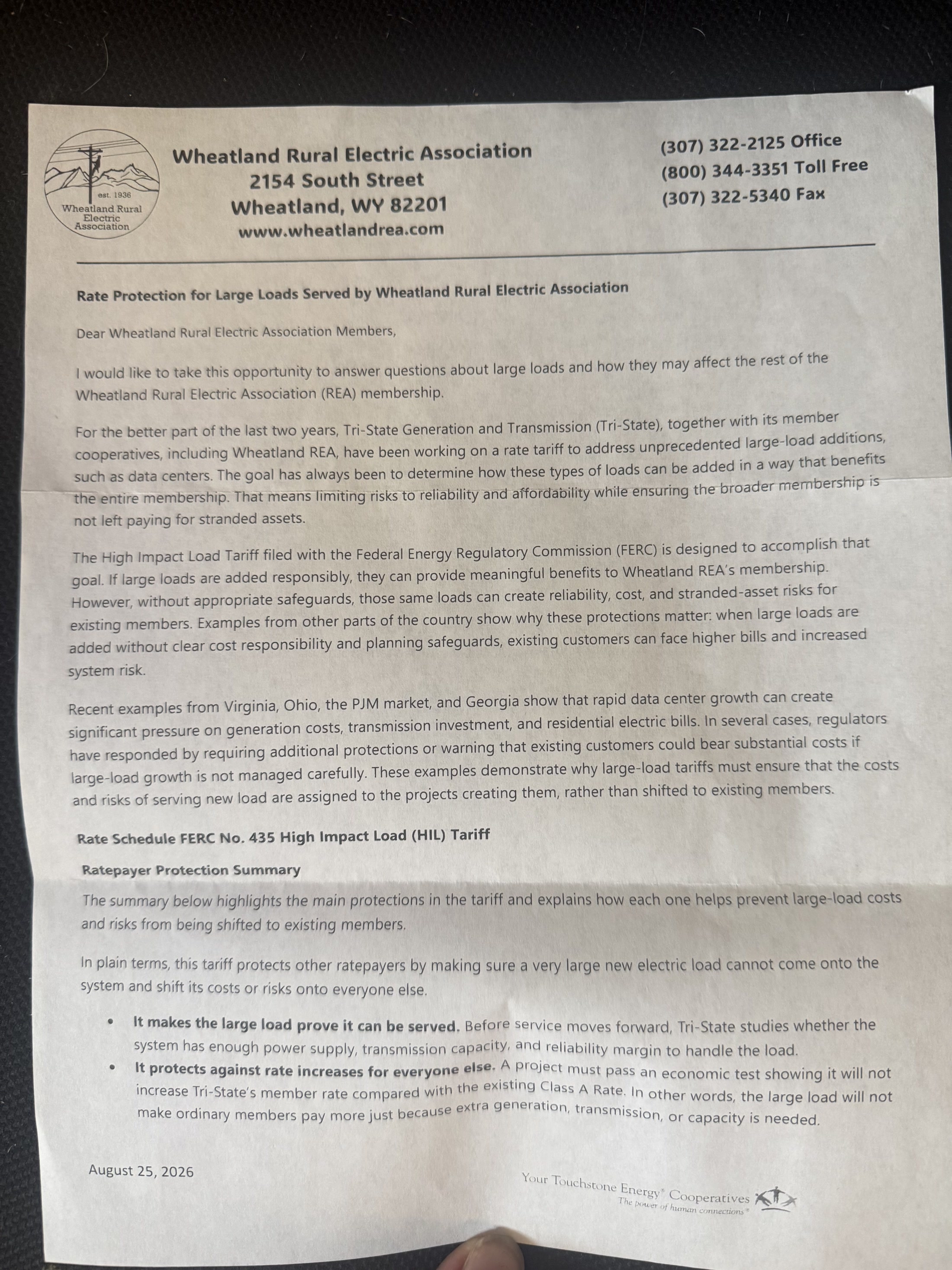 First page of the REA member letter; open the original two-page PDF.